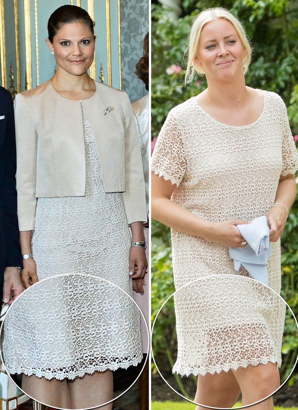 Prinzessin Victoria trug das cremefarbene Spitzenkleid schon 2013, drei Jahre später spaziert Estelles Nanny scheinbar in dem gleichen Kleid durch den Garten von Schloss Solliden