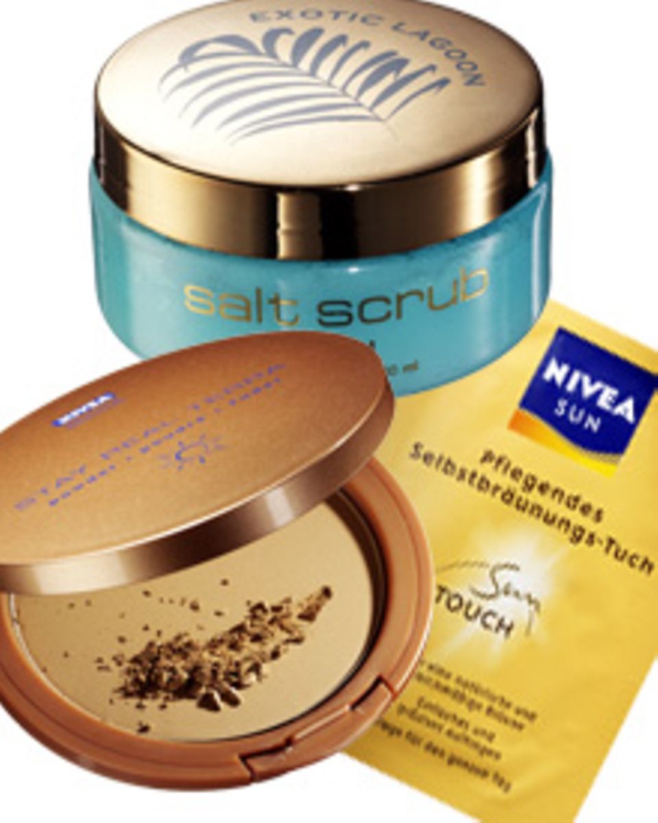 Terrakotta-Puder von NIvea, ca. 11 Euro; Bräunungstuch von Nivea, ca. 1 Euro; "Exotic Lagoon Salt Scrub" von H&M, ca. 3 Euro Terrakotta-Puder von NIvea, ca. 11 Euro; Bräunungstuch von Nivea, ca. 1 Euro; "Exotic Lagoon Salt Scrub" von H&M, ca. 3 Euro