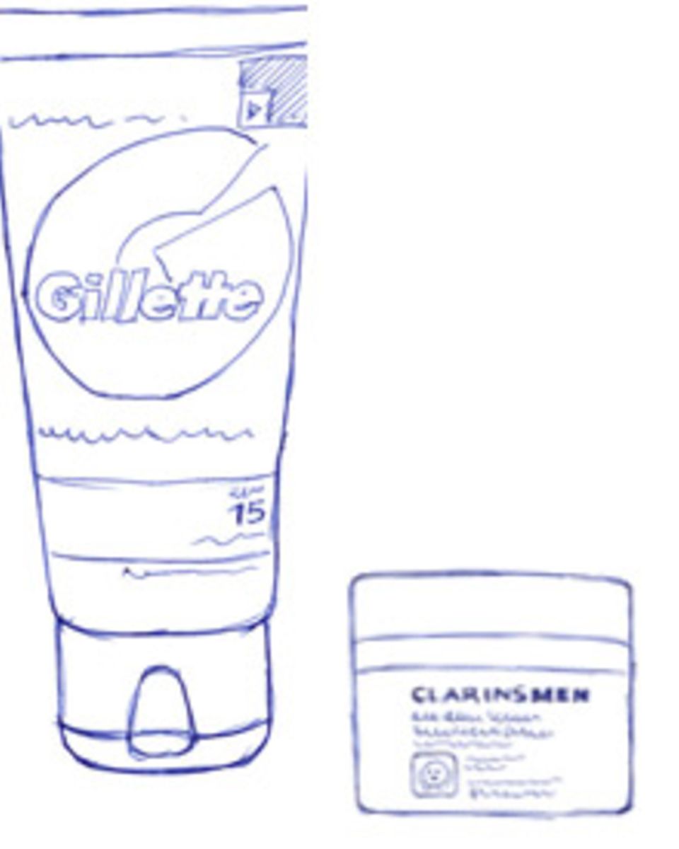 "Feuchtigkeits­creme" mit LSF 15 von Gillette Series, 75 ml, ca. 8 euro. "Anti-Rides­ Fermeté" von Clarins men, 50 ml, ca. 52 Eu