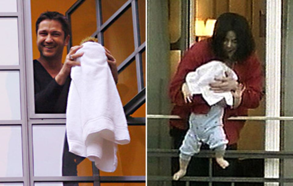 Was dem einen die Topfpflanze, ist dem anderen der jüngste Sohn - aber sowohl Gerard Butler als auch Michael Jackson freuen sich