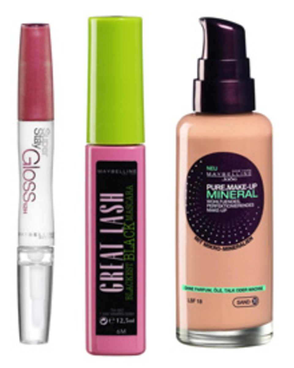 Erin Wassons Essentials: "Super Stay Gloss", "Pure Make-Up Mineral und "Great Lash Mascara" von Maybelline.