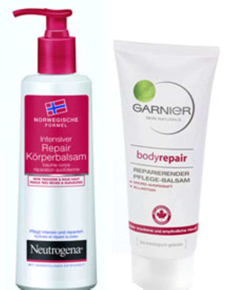 Intensiver Repair Körperbalsam von Neutrogena, ca. 5 Euro; Reparierender Pflegebalsam von Garnier, ca. 8 Euro. Intensiver Repair Körperbalsam von Neutrogena, ca. 5 Euro; Reparierender Pflegebalsam von Garnier, ca. 8 Euro.