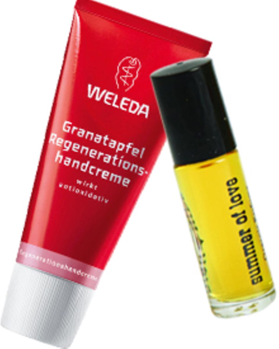 "Granatapfel"- Handcreme von Weleda, 50 ml, ca. 8 Euro. "Summer of Love" von Rich Hippie, 4 ml, ca. 45 Euro "Granatapfel"- Handcreme von Weleda, 50 ml, ca. 8 Euro. "Summer of Love" von Rich Hippie, 4 ml, ca. 45 Euro