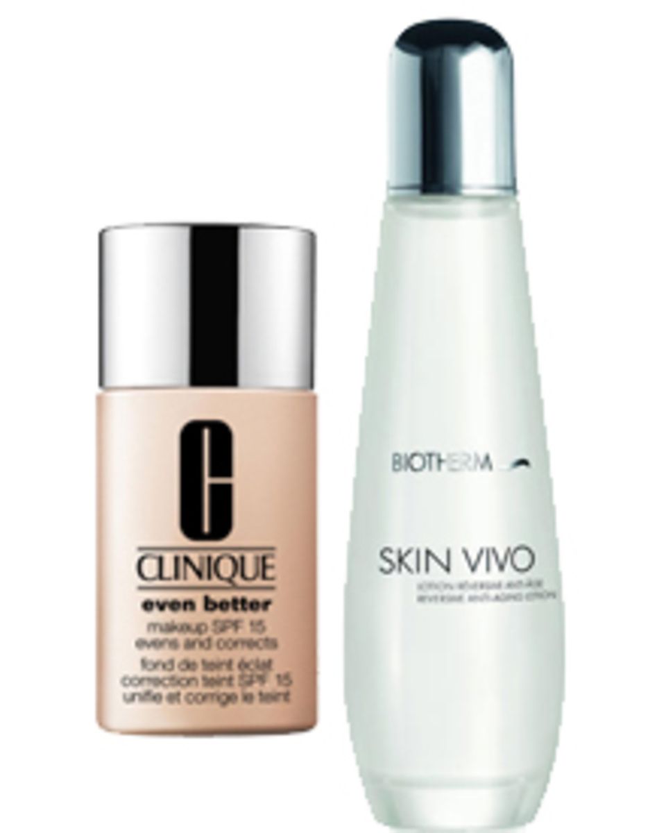 "Even Better Makeup" von Clinique, 50 ml, ca. 27 Euro. "Skin Vivo Reversive Anti-Aging Lotion" von Biotherm, 125 ml, ca. 50 Euro "Even Better Makeup" von Clinique, 50 ml, ca. 27 Euro. "Skin Vivo Reversive Anti-Aging Lotion" von Biotherm, 125 ml, ca. 50 Euro