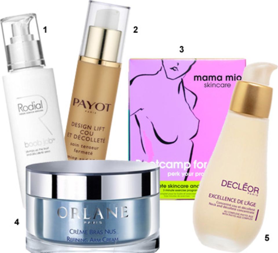 1 "Boob Job" von Rodial, 100 ml, 139 Euro 2 "Design Lift Cou et Decollete" von Payot, 50 ml, ca. 56 Euro 3 "Bootcamp for Boobs" 1 "Boob Job" von Rodial, 100 ml, 139 Euro 2 "Design Lift Cou et Decollete" von Payot, 50 ml, ca. 56 Euro 3 "Bootcamp for Boobs"