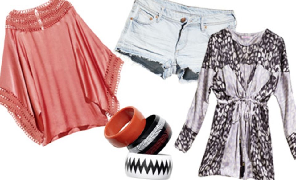 Top: 29,95 Euro, Armreifen: 9,95 Euro, Jeans-Shorts: 19,95 Euro, Kleid: 19,95 Euro. Top: 29,95 Euro, Armreifen: 9,95 Euro, Jeans-Shorts: 19,95 Euro, Kleid: 19,95 Euro.