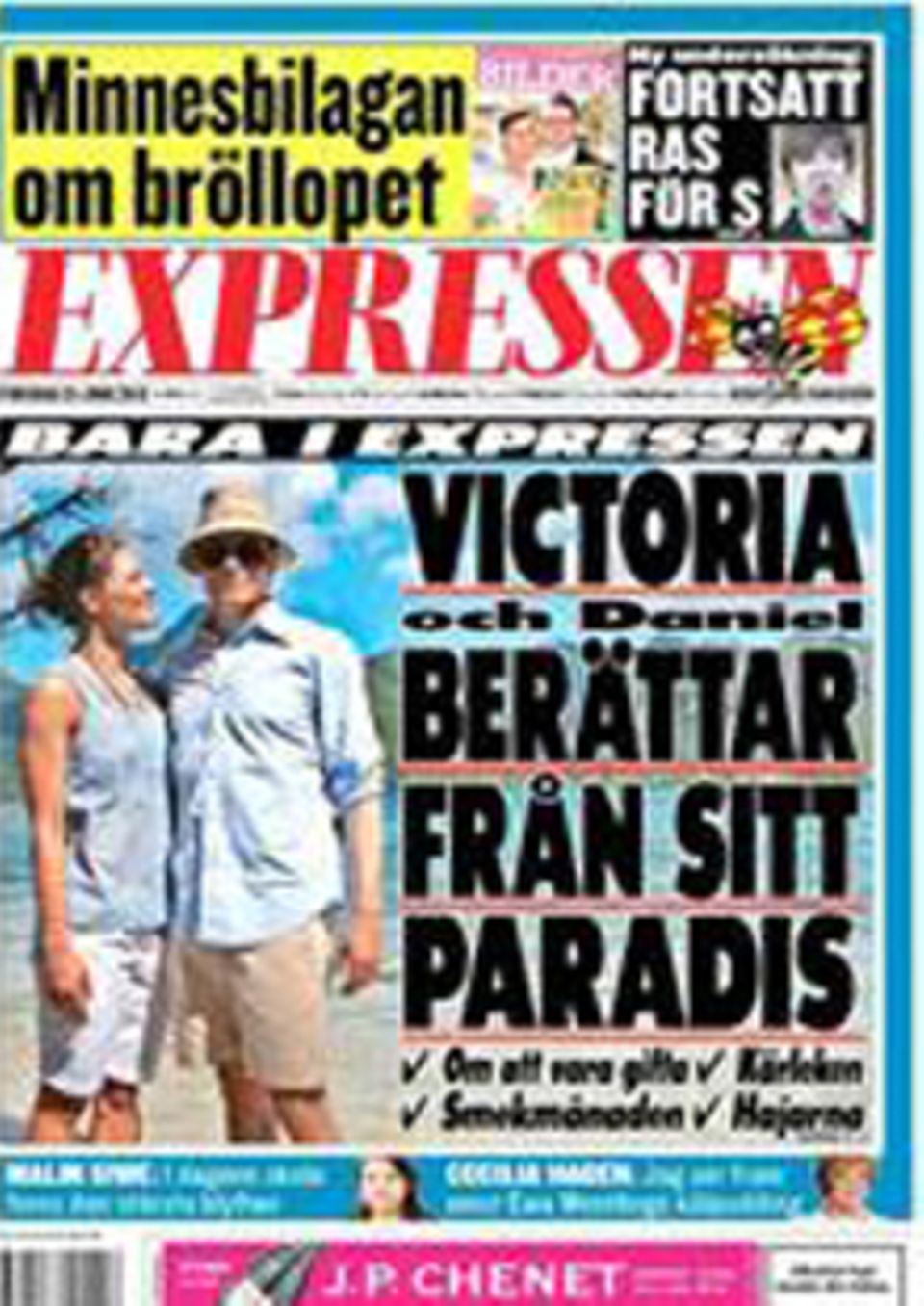 "Expressen" zeigt auf dem Cover Prinzessin Victoria und Prinz Daniel in ihren Flitterwochen auf Tahiti. "Expressen" zeigt auf dem Cover Prinzessin Victoria und Prinz Daniel in ihren Flitterwochen auf Tahiti.
