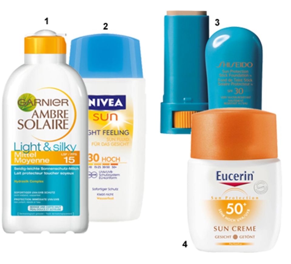 1 "Light Feeling Sun Lotion LSF 20" von Nivea, 200 ml, ca. 9 Euro; 2 "Ambre Solaire Light & Silky LSF 20" von Garnier, 200 ml, c 1 "Light Feeling Sun Lotion LSF 20" von Nivea, 200 ml, ca. 9 Euro; 2 "Ambre Solaire Light & Silky LSF 20" von Garnier, 200 ml, c