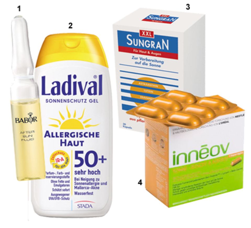 1 "After Sun Fluid" von Babor, 7 x 2 ml, ca. 22 Euro. 2 "Allergische Haut Gel LSF 50+" von Ladival, 200 ml, ca. 18 Euro. 3 "XXL- 1 "After Sun Fluid" von Babor, 7 x 2 ml, ca. 22 Euro. 2 "Allergische Haut Gel LSF 50+" von Ladival, 200 ml, ca. 18 Euro. 3 "XXL-
