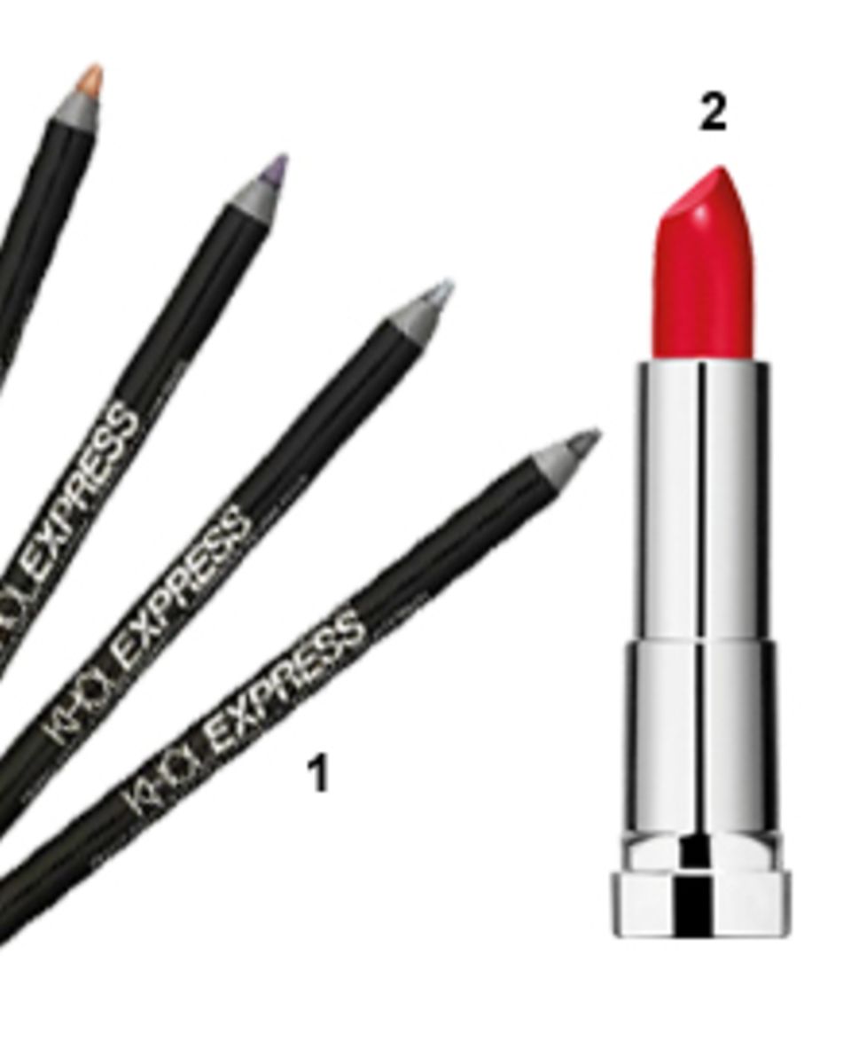 1 Grundlage "Khol Express"-Kajal; 2 Liebling "Color Sensational"-Lippenstift (530 Fatal Red). 1 Grundlage "Khol Express"-Kajal; 2 Liebling "Color Sensational"-Lippenstift (530 Fatal Red).