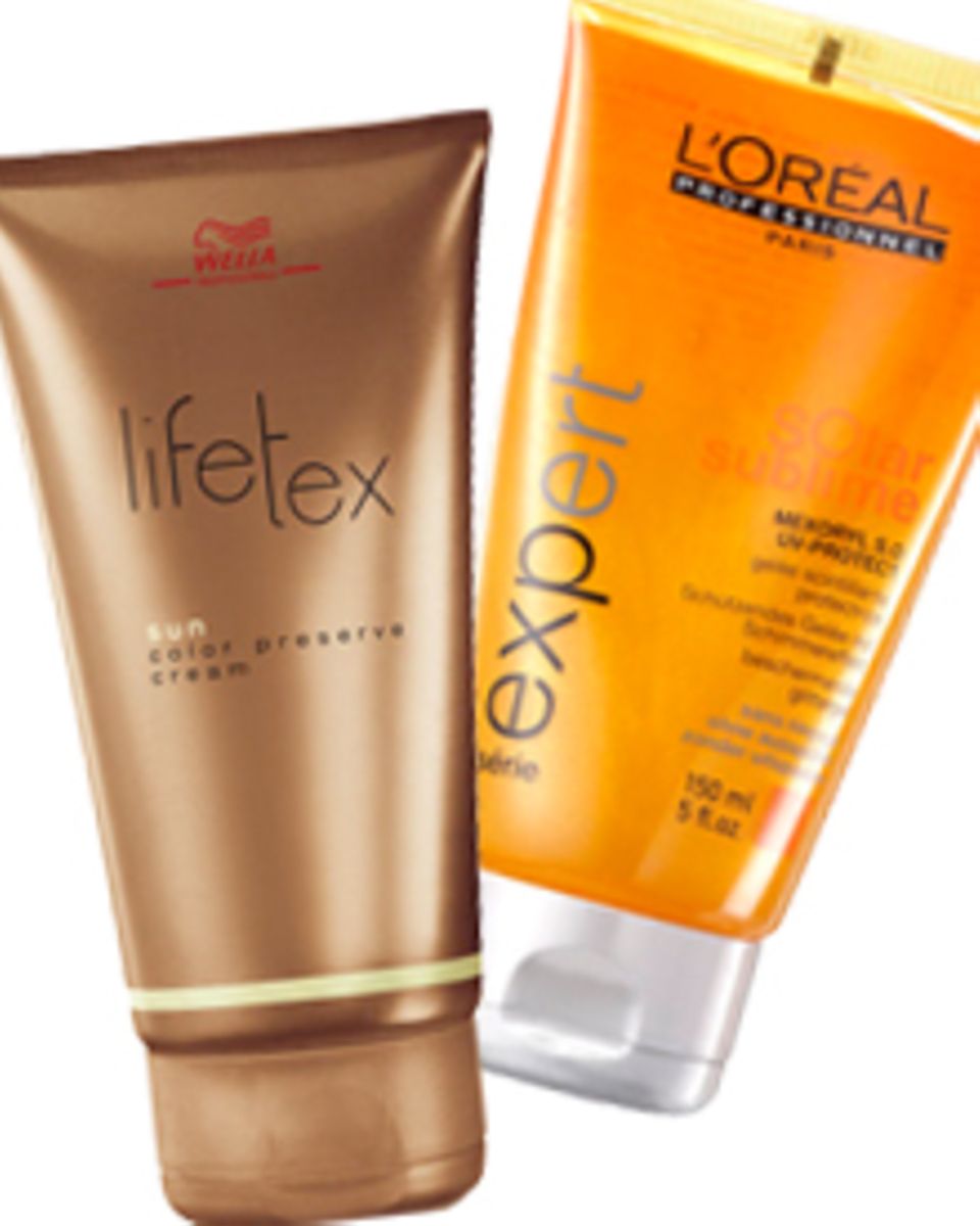 "Lifetex Sun Color Preserve Cream" von Wella (150 ml, ca. 14 Euro). "Solar Sublime Schützendes Gelee mit Schimmereffekt" von L`O "Lifetex Sun Color Preserve Cream" von Wella (150 ml, ca. 14 Euro). "Solar Sublime Schützendes Gelee mit Schimmereffekt" von L`O