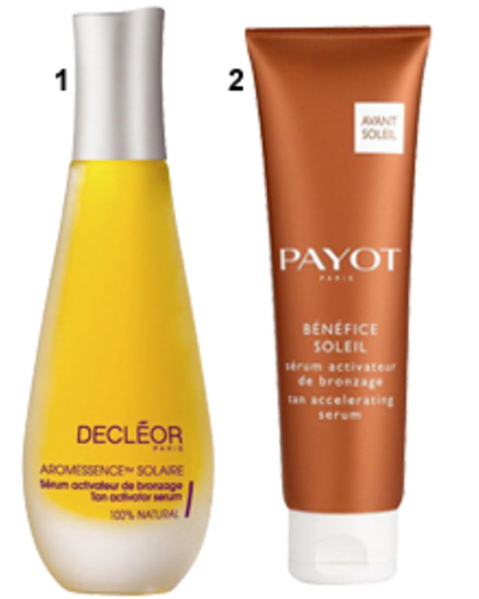 1 "Serum Activateur" von Payot (125 ml, ca. 27 Euro); 2 "Aromessence Solaire Serum Activateur de Bronzage" von Decleor (15 ml, c 1 "Serum Activateur" von Payot (125 ml, ca. 27 Euro); 2 "Aromessence Solaire Serum Activateur de Bronzage" von Decleor (15 ml, c