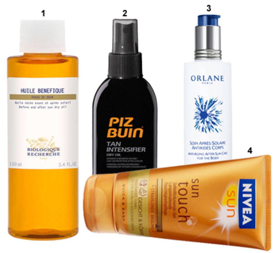 1 "Huile Benefique" von Biologique Recherche (100 ml, ca. 60 Euro); 2"Tan Intensifier Spray SPF 30" von Piz Buin (150 ml, ca. 20 1 "Huile Benefique" von Biologique Recherche (100 ml, ca. 60 Euro); 2"Tan Intensifier Spray SPF 30" von Piz Buin (150 ml, ca. 20