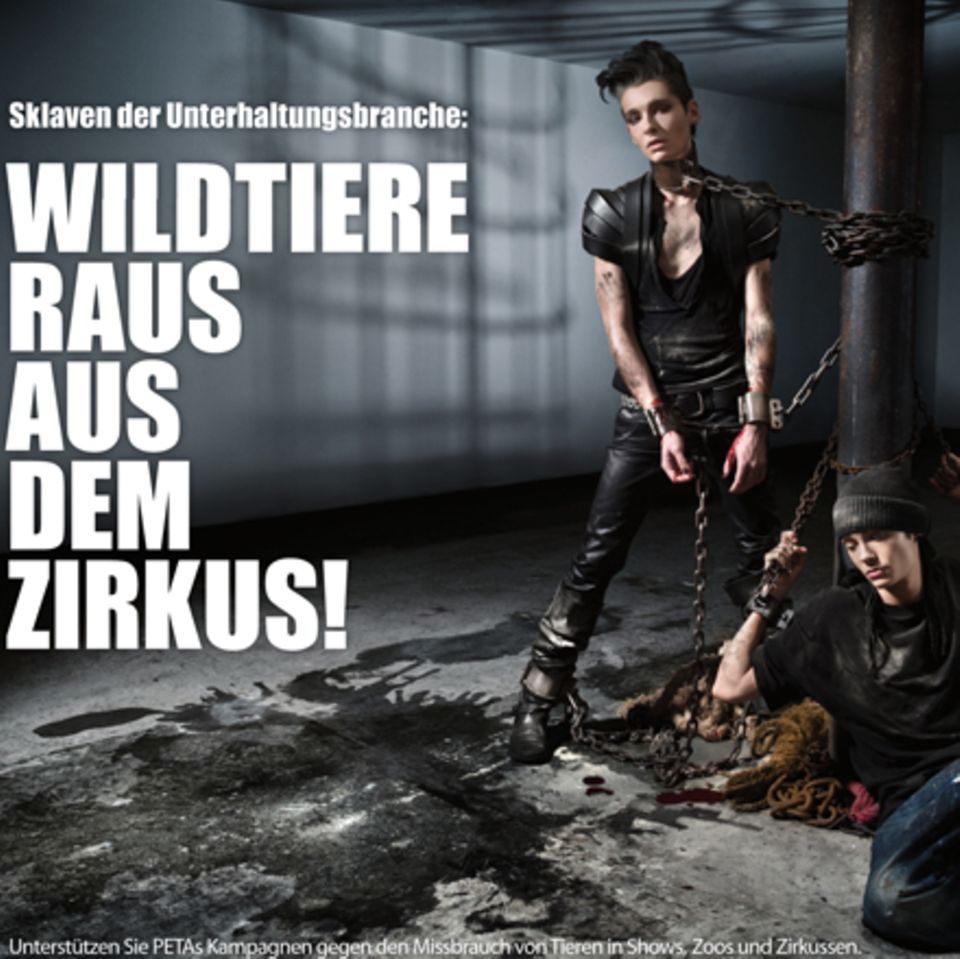 Bill und Tom Kaulitz von "Tokio Hotel" posieren für eine Tierschutz-Kampagne gegen den Einsatz von Tieren in der Unterhaltungsin Bill und Tom Kaulitz von "Tokio Hotel" posieren für eine Tierschutz-Kampagne gegen den Einsatz von Tieren in der Unterhaltungsin