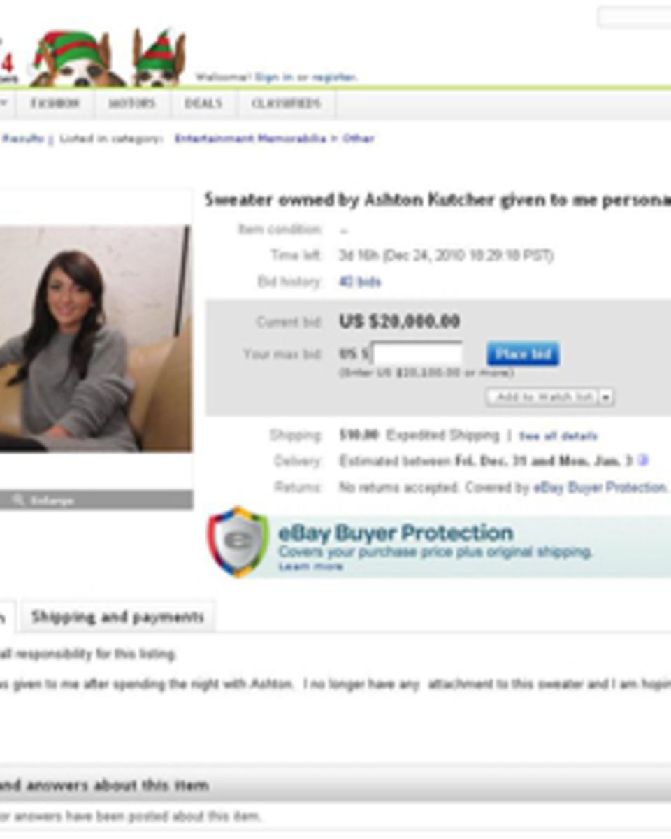 Für den angeblichen Pullover von Ashton Kutcher steht mittlerweile schon bei 20. 000 Dollar.