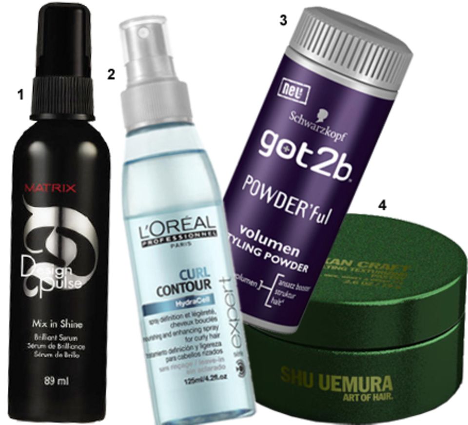 Clevere Styling-Helfer: 1. Glanz-Serum "Mix in Shine" von Matrix, 89 ml, ca. 10 Euro; 2. Locken-Spray "Curl Contour" von L'Oréal Clevere Styling-Helfer: 1. Glanz-Serum "Mix in Shine" von Matrix, 89 ml, ca. 10 Euro; 2. Locken-Spray "Curl Contour" von L'Oréal