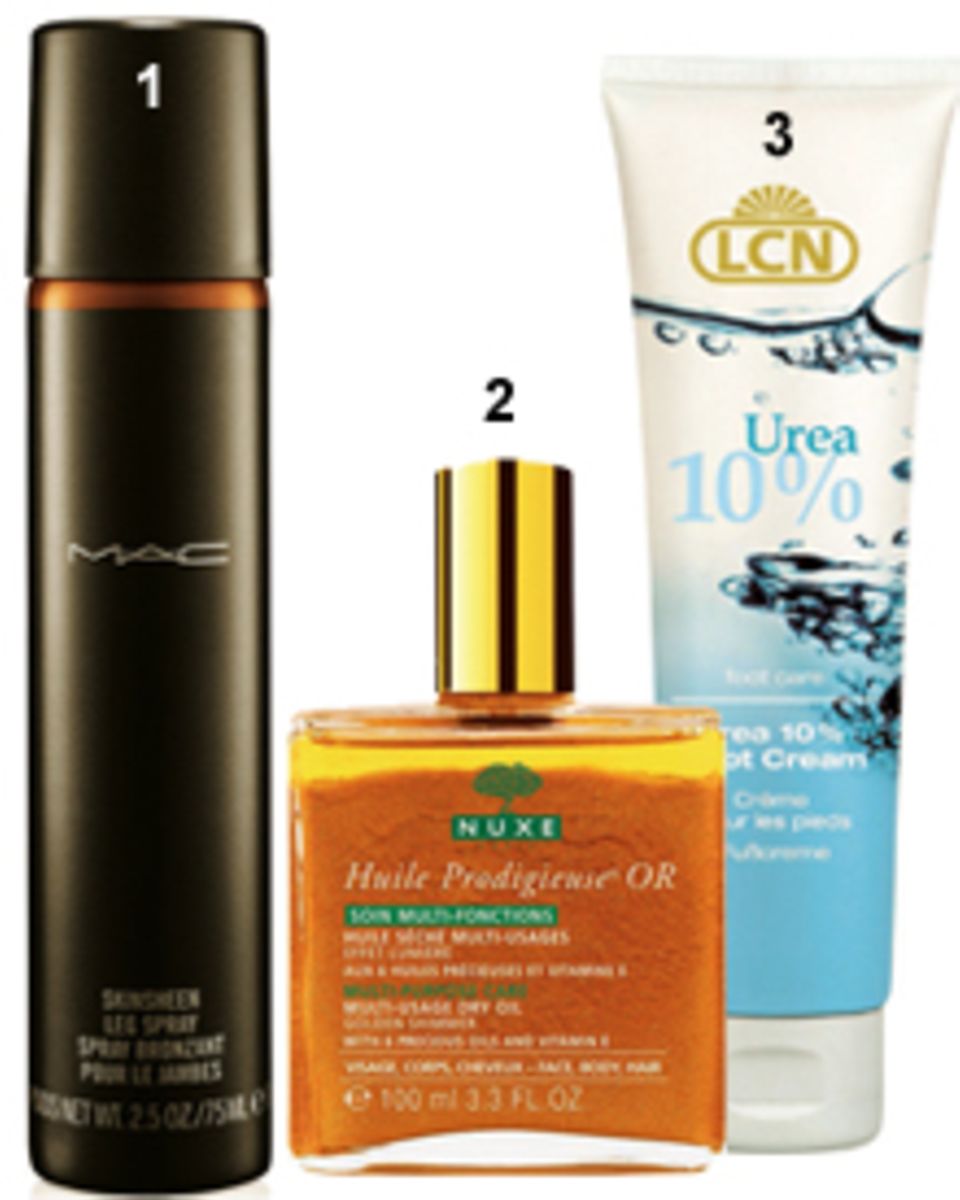1. Gold-Bronze-Make-up "Skinsheen Leg Spray", von Mac, ca. 28 Euro; 2. "Huile Prodigieuse Or" enthält Goldpartikel, von Nuxe, 50 1. Gold-Bronze-Make-up "Skinsheen Leg Spray", von Mac, ca. 28 Euro; 2. "Huile Prodigieuse Or" enthält Goldpartikel, von Nuxe, 50