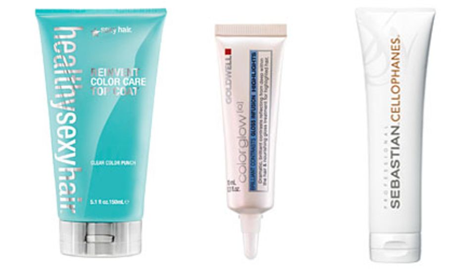 Glanzbooster: "Reinvent Color Care Top Coat" von Sexy Hair ist eine Kur zum Ausspülen (150 ml, ca. 22 Euro). "Colorglow Gloss In Glanzbooster: "Reinvent Color Care Top Coat" von Sexy Hair ist eine Kur zum Ausspülen (150 ml, ca. 22 Euro). "Colorglow Gloss In