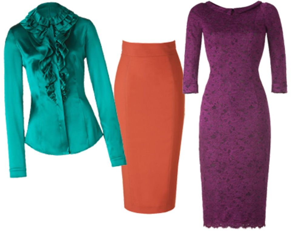 Für einen fröhlichen Herbst: Smaragdgrüne Rüschenbluse ca. 760 Euro, orangefarbener Bleistiftrock ca. 780 Euro, Spitzenkleid, ca Für einen fröhlichen Herbst: Smaragdgrüne Rüschenbluse ca. 760 Euro, orangefarbener Bleistiftrock ca. 780 Euro, Spitzenkleid, ca