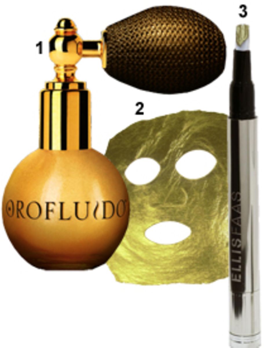 1. "Gold Dust"-Goldpuder von Orofluido, im Weihnachtsset samt Haarelexier, ca. 29 Euro, 2. Die Gesichtsmaske aus purem Gold wird 1. "Gold Dust"-Goldpuder von Orofluido, im Weihnachtsset samt Haarelexier, ca. 29 Euro, 2. Die Gesichtsmaske aus purem Gold wird