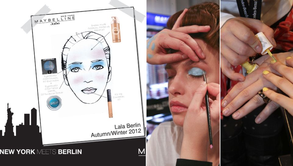 Der Make-up-Look für Leyla Piedayeshs Label "Lala Berlin" kombiniert expressives Türkis (Color Tattoo 24H Turquoise Forever von