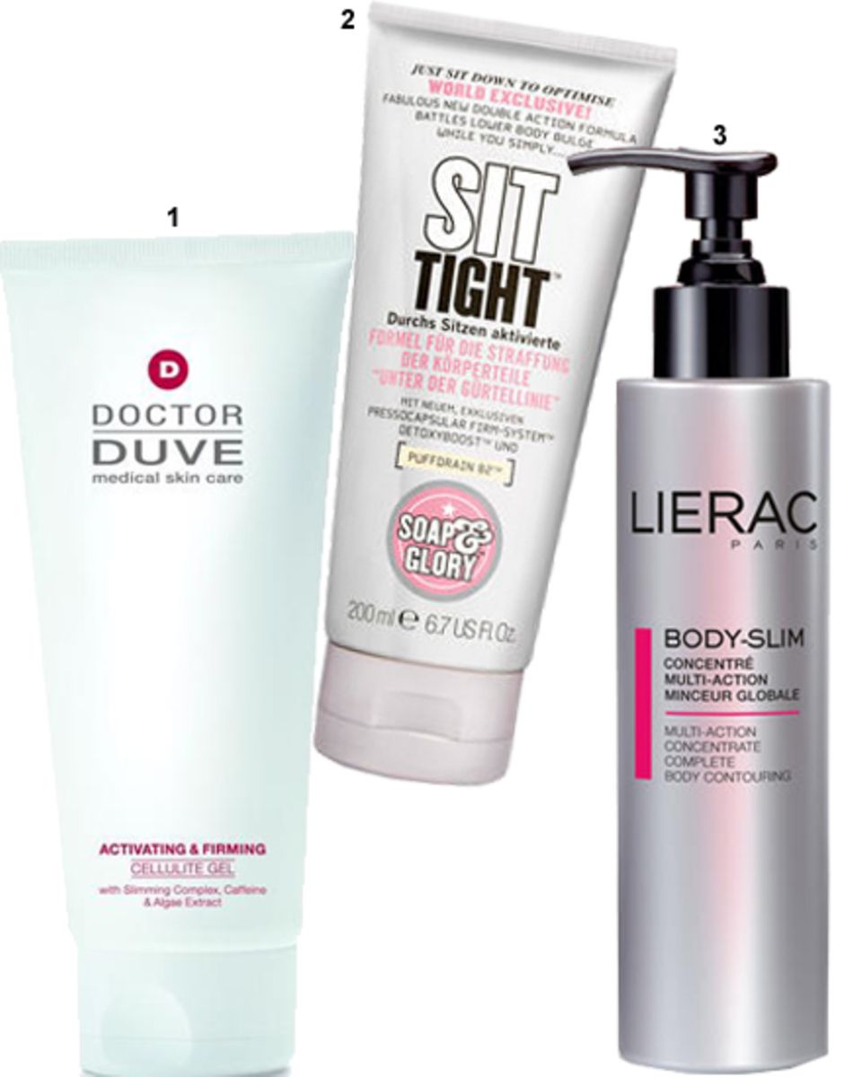 1. Entschlackt: "Activating & Firming Cellulite Gel" von Doctor Duve, 200 ml,
ca. 79 Euro, über doctorduve.com. 2. Wirkt im Sitz 1. Entschlackt: "Activating & Firming Cellulite Gel" von Doctor Duve, 200 ml,
ca. 79 Euro, über doctorduve.com. 2. Wirkt im Sitz