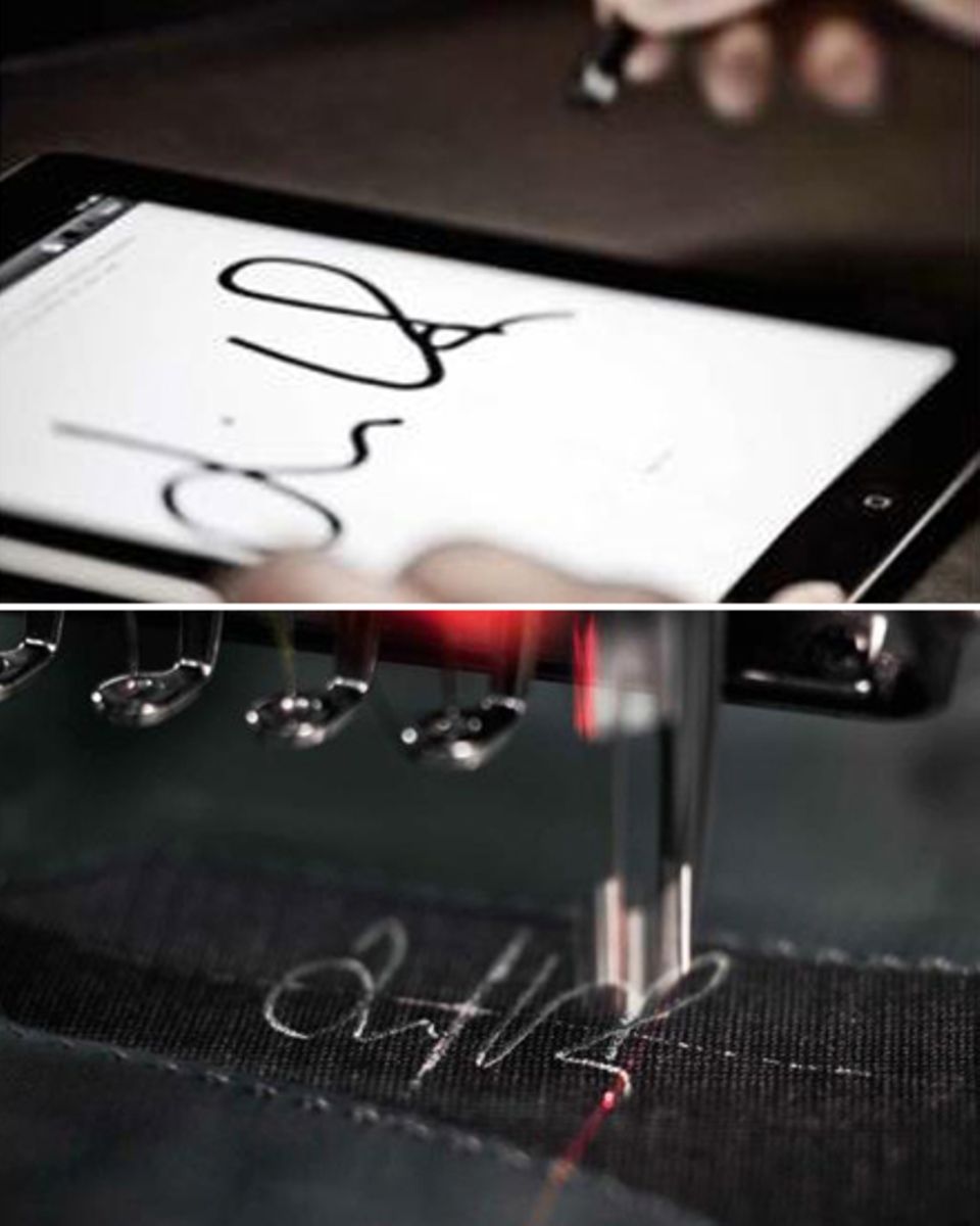 Die Unterschrift des Kunden wird digitalisiert und anschließend in den Anzug gestickt.