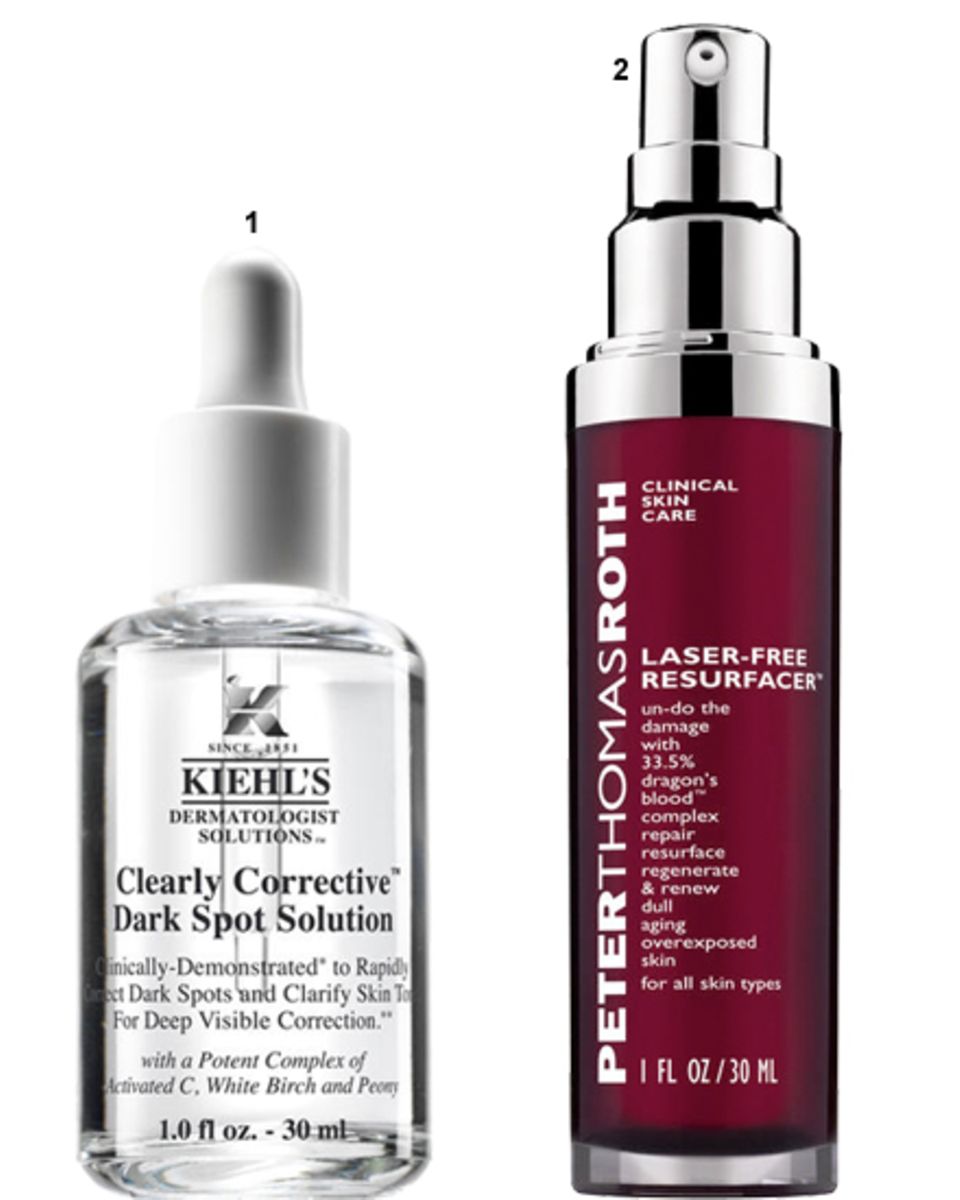 1. "Clearly Corrective Dark Spot Solution" von Kiehl's, 30 ml, ca. 45 Euro;
2. "Laser Free Resurfacer" von Peter Thomas Roth, 3 1. "Clearly Corrective Dark Spot Solution" von Kiehl's, 30 ml, ca. 45 Euro;
2. "Laser Free Resurfacer" von Peter Thomas Roth, 3