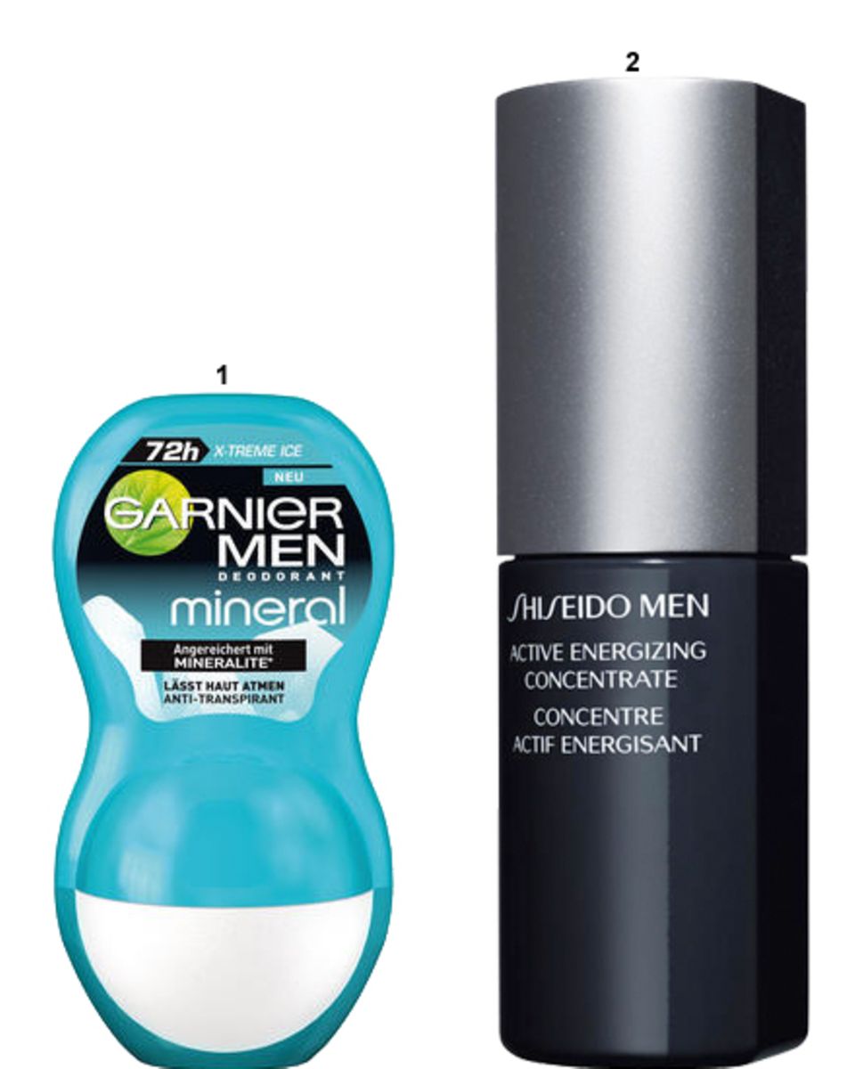 1. "Mineral X-Treme Ice Roll-On" von Garnier Men, 50 ml, ca. 3 Euro;
2. "Active Energizing Concentrate" von Shiseido Men, 50 ml 1. "Mineral X-Treme Ice Roll-On" von Garnier Men, 50 ml, ca. 3 Euro;
2. "Active Energizing Concentrate" von Shiseido Men, 50 ml