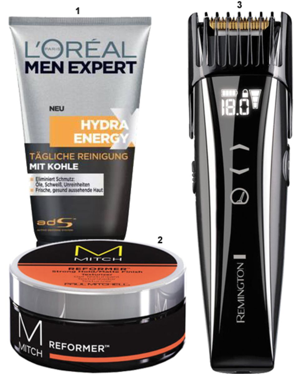 1. "Hydra Energy X" von L'oreal Paris Men Expert, 150 ml, ca. 7 Euro;
2. "Mitch Reformer Texturizer" von Paul Mitchell, 85 ml, 1. "Hydra Energy X" von L'oreal Paris Men Expert, 150 ml, ca. 7 Euro;
2. "Mitch Reformer Texturizer" von Paul Mitchell, 85 ml,