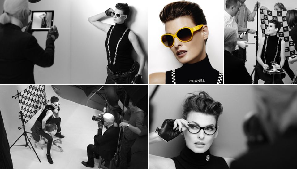 Einmal Megamodel, immer Megamodel: Gekonnt posiert Linda Evangelista vor der Kamera von Karl Lagerfeld mit Sonnenbrillen der "Co