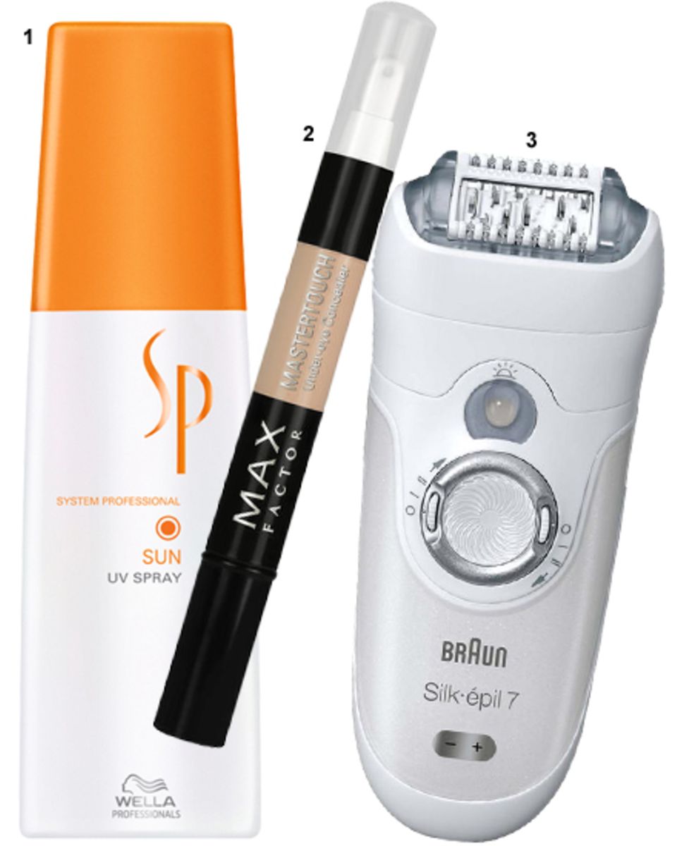 1. Wasserfester Schutz für die Haare: "SP Sun/ UV Spray" von Wella Professionals, 125 ml, ca. 20 Euro. 2. Gegen Augenringe: "Mas