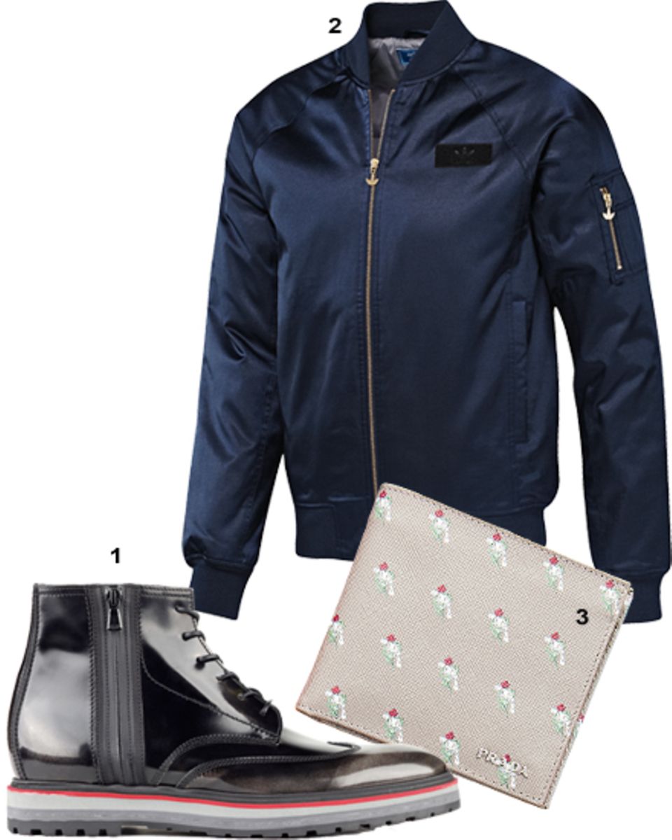 1. Stiefel von Hugo, ca. 329 Euro; 2. Bomberjacke von Adidas Originals, ca. 130 Euro; 3. Geldbörse von Prada, 250 Euro 1. Stiefel von Hugo, ca. 329 Euro; 2. Bomberjacke von Adidas Originals, ca. 130 Euro; 3. Geldbörse von Prada, 250 Euro