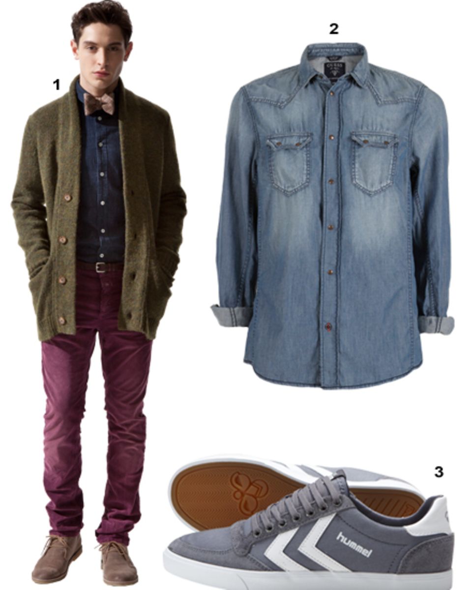 1. Cordhose von Closed, 189 Euro; 2. Jeanshemd von Guess, 119 Euro; 3. Sneakers von Hummel, ab 60 Euro 1. Cordhose von Closed, 189 Euro; 2. Jeanshemd von Guess, 119 Euro; 3. Sneakers von Hummel, ab 60 Euro