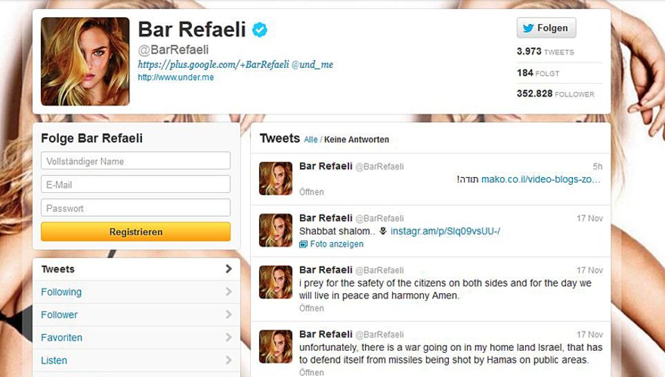 Bar Refaeli äußert sich via Twitter zur Lage in Israel und ist in Gedanken bei ihren Landsleuten. Bar Refaeli äußert sich via Twitter zur Lage in Israel und ist in Gedanken bei ihren Landsleuten.
