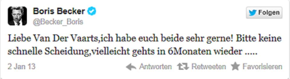 Mit diesem Tweet vom Mittwoch (2. Januar) handelte sich Boris Becker (@becker_boris) mal wieder Twitter-Spott ein. Mit diesem Tweet vom Mittwoch (2. Januar) handelte sich Boris Becker (@becker_boris) mal wieder Twitter-Spott ein.