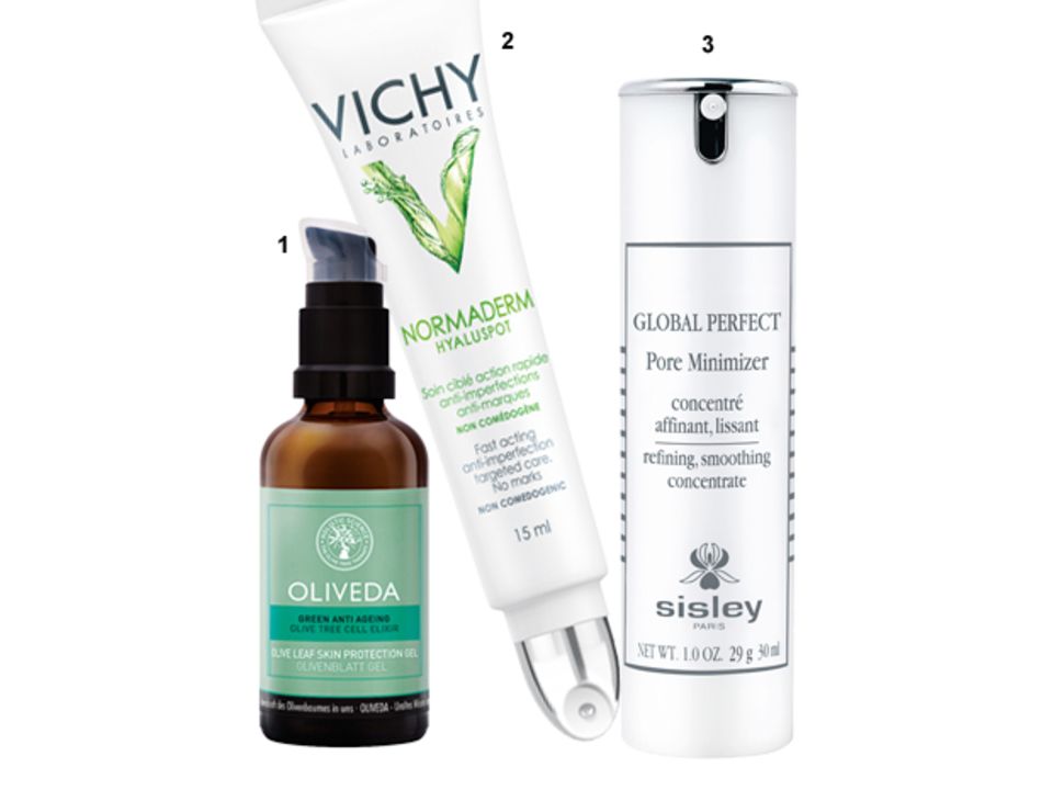 Beauty: 1 "Olivenblatt Gel" von Oliveda, 50 ml, ca. 35 Euro; 2 "Normaderm Hyaluspot" von Vichy, 15 ml, ca. 14 Euro; 3 "Global Perfect Pore Minimizer" von Sisley, 30 ml, ca. 143 Euro 1 "Olivenblatt Gel" von Oliveda, 50 ml, ca. 35 Euro; 2 "Normaderm Hyaluspot" von Vichy, 15 ml, ca. 14 Euro; 3 "Global Perfect Pore Minimizer" von Sisley, 30 ml, ca. 143 Euro