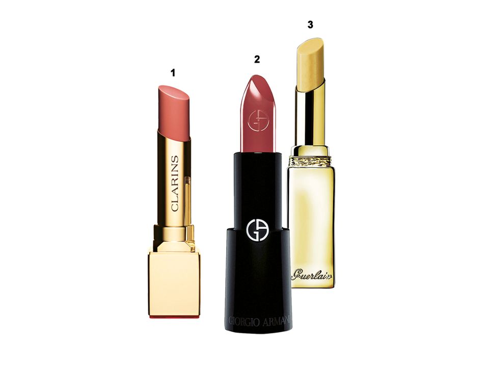 Lippen: 1. Farbe plus Anti-Aging: "Rouge Eclat" von Clarins, 15 Nuancen, ca. 22 Euro 2. "Rouge d’Armani" von Giorgio Armani, Nr. 500, ca. 32 Euro 3. Glanz und Volumen: "Kiss Kiss Liplift" von Guerlain, ca. 27 Euro 1. Farbe plus Anti-Aging: "Rouge Eclat" von Clarins, 15 Nuancen, ca. 22 Euro 2. "Rouge d’Armani" von Giorgio Armani, Nr. 500, ca. 32 Euro 3. Glanz und Volumen: "Kiss Kiss Liplift" von Guerlain, ca. 27 Euro