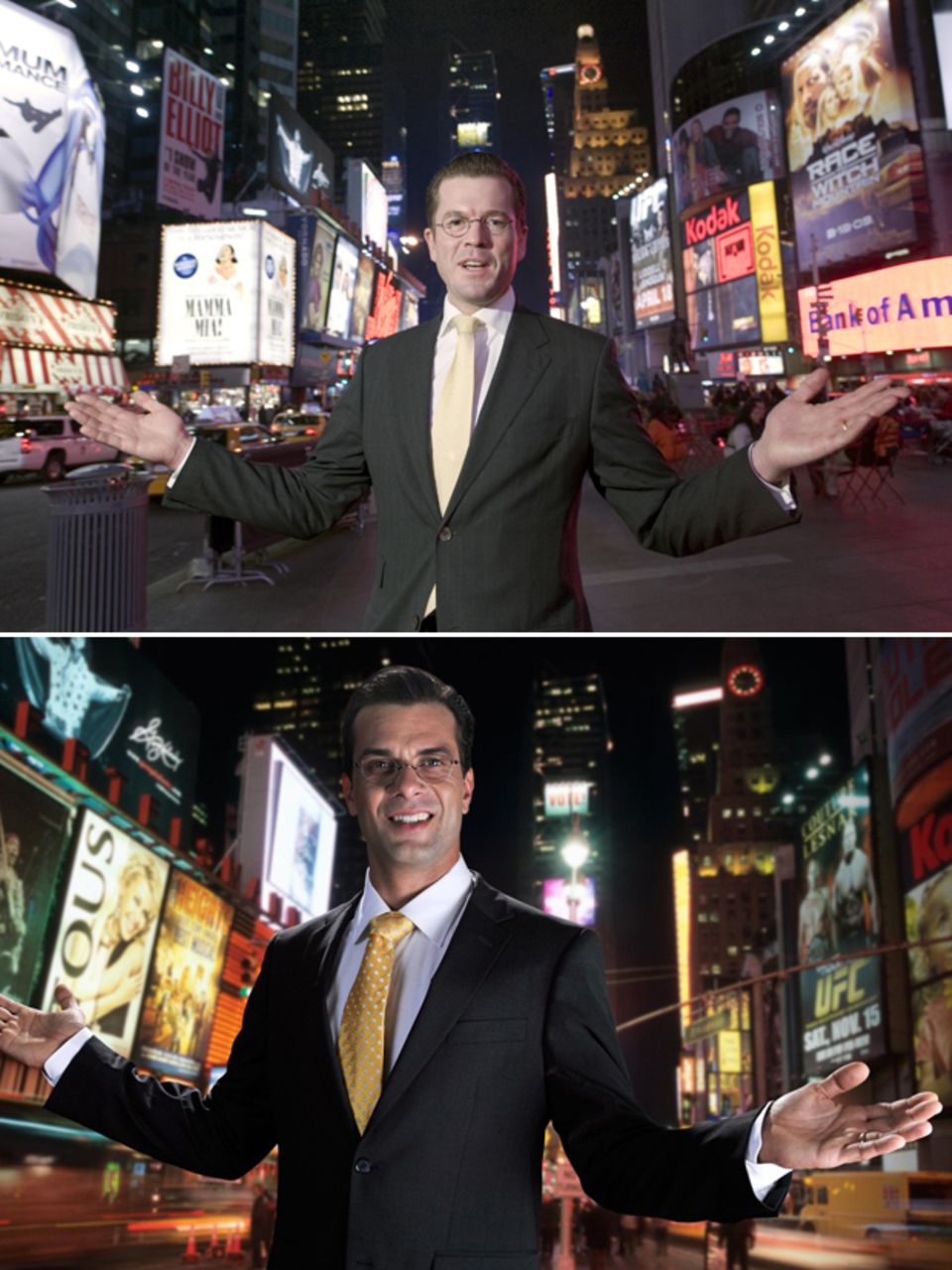 Guttenbergs: Der New York Auftritt Bei seinem Antrittsbesuch in den USA posiert der frischgebackene Bundeswirtschaftsminister am 15. März auf dem Times Square. Unten die Szene im TV-Film. Der New York Auftritt Bei seinem Antrittsbesuch in den USA posiert der frischgebackene Bundeswirtschaftsminister am 15. März auf dem Times Square. Unten die Szene im TV-Film.