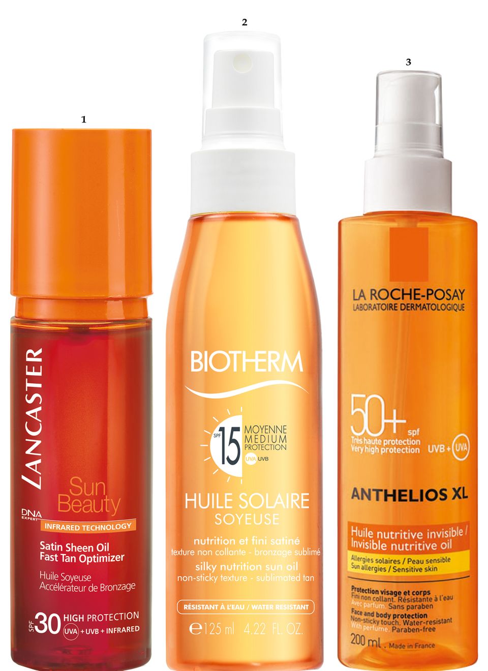 Haut-Öl: Transparente Schutzfilme 1 "Sun Beauty Satin Sheen Oil Fast Tan Optimizer SPF 30" von Lancaster, 150 ml, ca. 30 Euro; 2 "Huile Solaire SPF 15" von Biotherm, 125 ml, ca. 26 Euro; 3 "Anthelios XL Invisible Nutritive Oil SPF 50+" von La Roche-Posay, 200 ml, ca. 20 Euro; Transparente Schutzfilme 1 "Sun Beauty Satin Sheen Oil Fast Tan Optimizer SPF 30" von Lancaster, 150 ml, ca. 30 Euro; 2 "Huile Solaire SPF 15" von Biotherm, 125 ml, ca. 26 Euro; 3 "Anthelios XL Invisible Nutritive Oil SPF 50+" von La Roche-Posay, 200 ml, ca. 20 Euro;