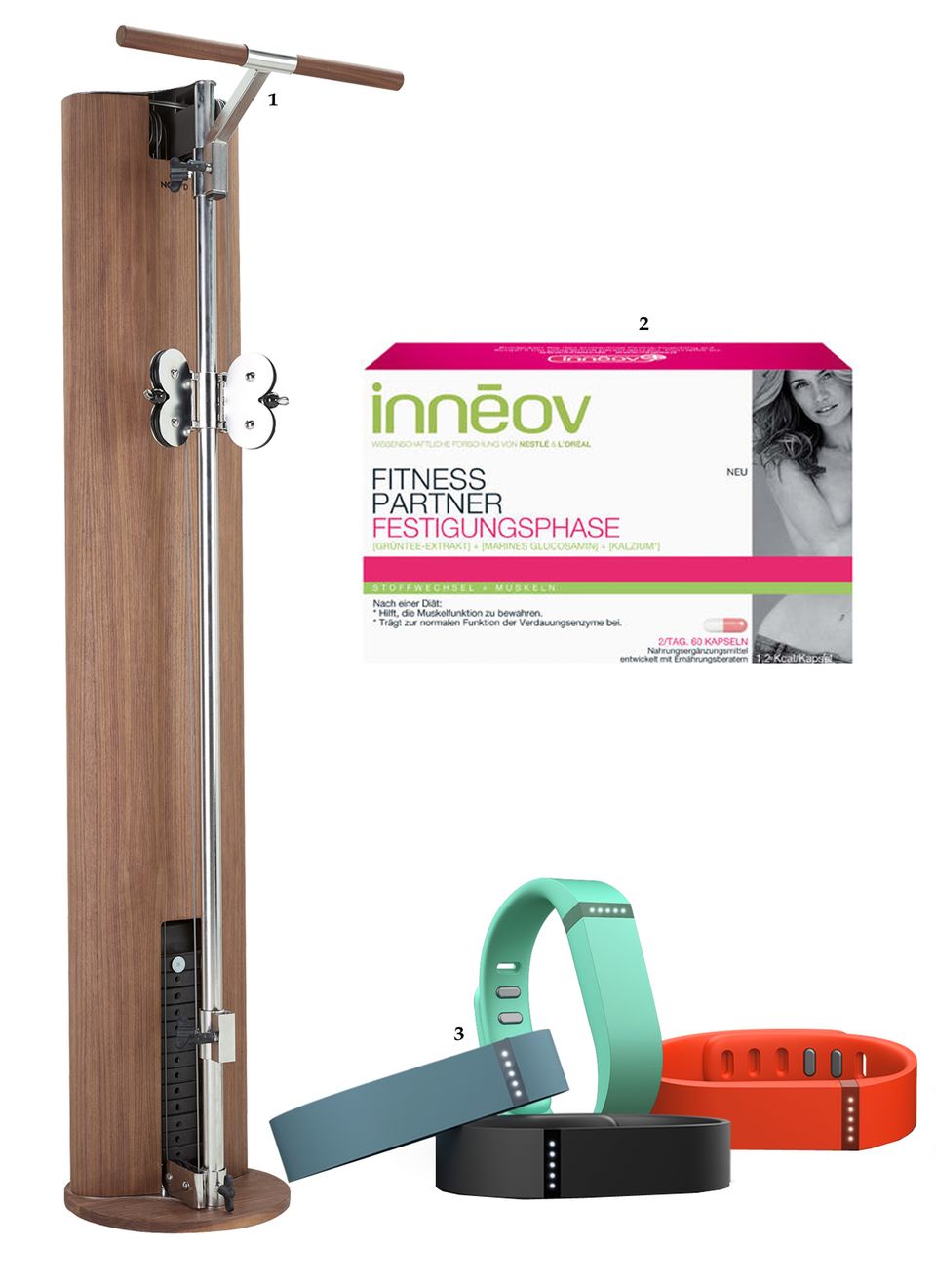Anti-Cellulite: 1 Allround-Trainingsgerät für über 80 Übungen: "SlimBeam" von NOHrD. In Nussbaum ca. 1850 Euro; 2 Zur Unterstützung bei einer Diät: "Fitness Partner Festigungsphase" von Innéov, 60 Kapseln, ca. 29 Euro; 3 Die "Fitbit Flex"-Armbänder zeigen das Aktivitätslevel an. Von Fitbit, je ca. 100 Euro, ab Mai erhältlich 1 Allround-Trainingsgerät für über 80 Übungen: "SlimBeam" von NOHrD. In Nussbaum ca. 1850 Euro; 2 Zur Unterstützung bei einer Diät: "Fitness Partner Festigungsphase" von Innéov, 60 Kapseln, ca. 29 Euro; 3 Die "Fitbit Flex"-Armbänder zeigen das Aktivitätslevel an. Von Fitbit, je ca. 100 Euro, ab Mai erhältlich