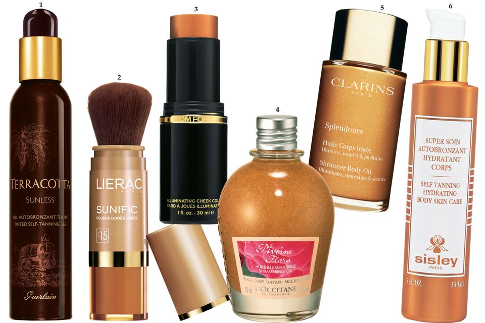 Selbstbräuner: 1. Getöntes Selbstbräunungsgel mit Bio-Arganöl: "Terracotta Sunless" von Guerlain, 150 ml, ca. 47 Euro; 2. Rein mineralischer Sonnenpuder mit Lichtschutz und integriertem Pinsel: "Sunific Solaire 2 – Dorée LSF 15" von Lierac, ca. 25 Euro; 3. Highlights für Wangen, Schultern und Schienbeine: "Illuminating Cheek Color - Bronzed Amber" von Tom Ford, ca. 55 Euro; 4. Hinterlässt Goldreflexe auf Haut und Haar: Trockenöl "Pivoine Flora Huile Illuminatrice" von L'Occitane. 75 ml, ca. 28 Euro; 5. Schimmeröl mit ätherischem Mandarinenöl: "Splendours Huile Corps Irisée" von Clarins, 100 ml, ca. 39 Euro; 6. Versorgt die Haut mit besonders viel Feuchtigkeit: der Selbstbräuner "Super Soin Autobronzant Hydratant Corps" von Sisley, 150 ml, ca. 87 Euro 1. Getöntes Selbstbräunungsgel mit Bio-Arganöl: "Terracotta Sunless" von Guerlain, 150 ml, ca. 47 Euro; 2. Rein mineralischer Sonnenpuder mit Lichtschutz und integriertem Pinsel: "Sunific Solaire 2 – Dorée LSF 15" von Lierac, ca. 25 Euro; 3. Highlights für Wangen, Schultern und Schienbeine: "Illuminating Cheek Color - Bronzed Amber" von Tom Ford, ca. 55 Euro; 4. Hinterlässt Goldreflexe auf Haut und Haar: Trockenöl "Pivoine Flora Huile Illuminatrice" von L'Occitane. 75 ml, ca. 28 Euro; 5. Schimmeröl mit ätherischem Mandarinenöl: "Splendours Huile Corps Irisée" von Clarins, 100 ml, ca. 39 Euro; 6. Versorgt die Haut mit besonders viel Feuchtigkeit: der Selbstbräuner "Super Soin Autobronzant Hydratant Corps" von Sisley, 150 ml, ca. 87 Euro