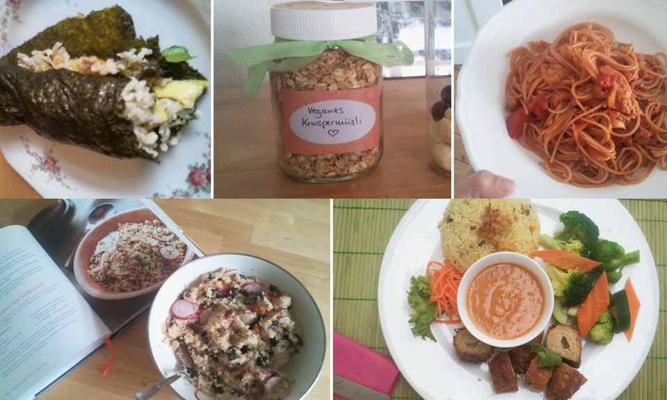 Kochen wie die Stars: Gerichte aus meiner veganen Woche mit Alicia Silverstone: Nori-Wraps, Knuspermüsli mit Kokosflocken und Ahornsirup, Pasta mit Sellerie und Kohl, Radieschen-Tabbouleh und Regenbogen-Sojafleischrollen im veganen Restaurant. Gerichte aus meiner veganen Woche mit Alicia Silverstone: Nori-Wraps, Knuspermüsli mit Kokosflocken und Ahornsirup, Pasta mit Sellerie und Kohl, Radieschen-Tabbouleh und Regenbogen-Sojafleischrollen im veganen Restaurant.