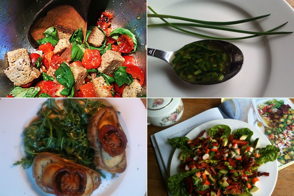 Kochen wie die Stars: Meine Ergebnisse: Oben links: Panzanella mit gerösteter Paprika, Tomate und Basilikum. Oben rechts: Schnittlauch-Vinaigrette. Unten links: Rucolasalat mit Räuchermozzarella und Crostini. Unten rechts: Clubsalat mit Hummer (in meinem Fall mit Surimi). Kochen wie die Stars: Meine Ergebnisse: Oben links: Panzanella mit gerösteter Paprika, Tomate und Basilikum. Oben rechts: Schnittlauch-Vinaigrette. Unten links: Rucolasalat mit Räuchermozzarella und Crostini. Unten rechts: Clubsalat mit Hummer (in meinem Fall mit Surimi).