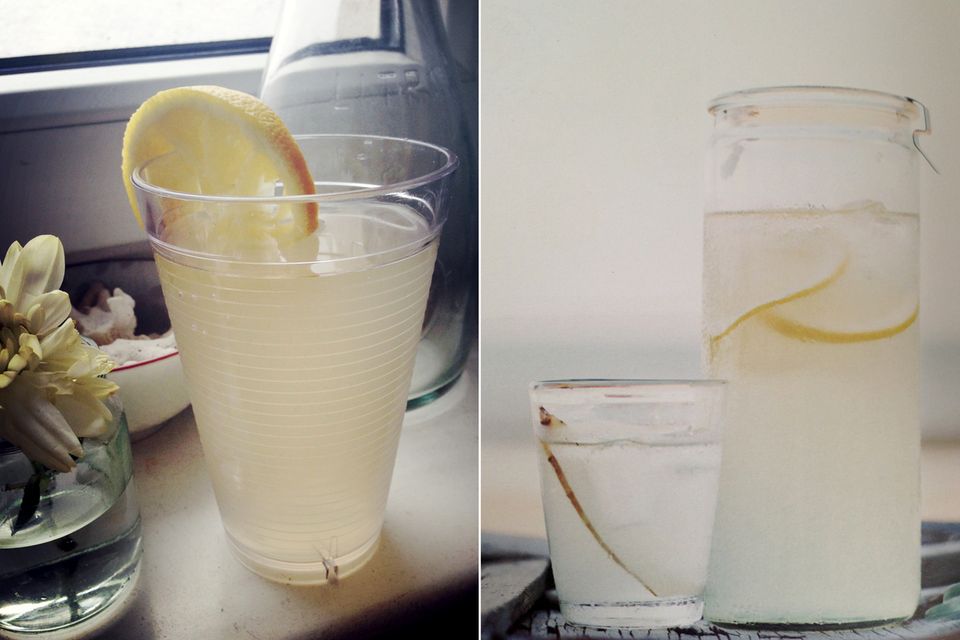 "Frischer Ingwer-Tee": Links meine kalte Ingwer-Zitronen-Limonade, rechts Gwyneths Vorlage aus dem Kochbuch.