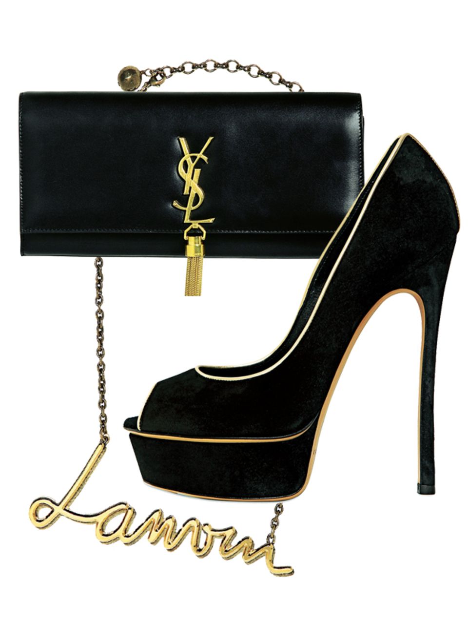 Fashion: Neue Ware für den Herbst: Logo-Tasche von Saint Laurent Paris (995 Euro), schwarze High Heels von Casadei (660 Euro), Kette von Lanvin (525 Euro). Neue Ware für den Herbst: Logo-Tasche von Saint Laurent Paris (995 Euro), schwarze High Heels von Casadei (660 Euro), Kette von Lanvin (525 Euro).