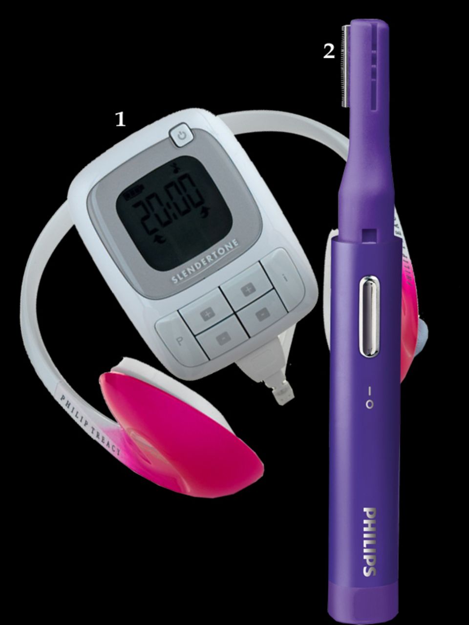 Vibrationen: 1. Impulse fürs Gesicht von Slendertone, ca. 470 Euro; 2."Precision Perfect" von Philips, ca. 25 Euro 1. Impulse fürs Gesicht von Slendertone, ca. 470 Euro; 2."Precision Perfect" von Philips, ca. 25 Euro
