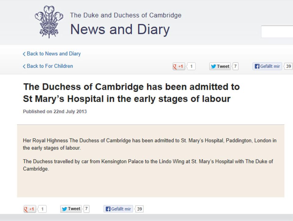 DIe offizielle Bekanntmachung der Pressestelle von Catherine und William im Clarence House, erschienen am Morgen des 22. Juli 2013.