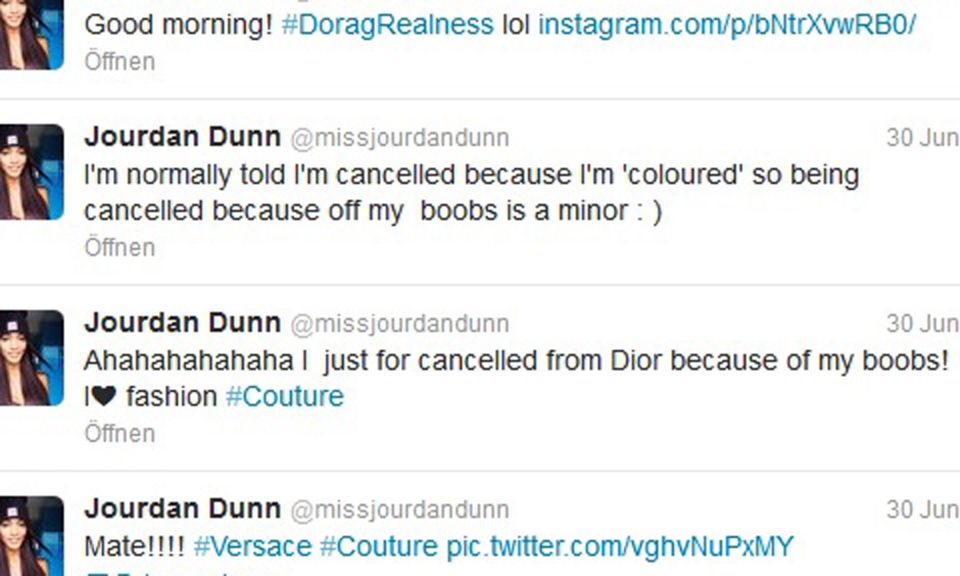 Da hilft nur noch Humor: Jourdan Dunn twitterte ihre kuriose Absage für die Dior-Modenschau. User und Öffentlichkeit reagierten entsetzt. Da hilft nur noch Humor: Jourdan Dunn twitterte ihre kuriose Absage für die Dior-Modenschau. User und Öffentlichkeit reagierten entsetzt.