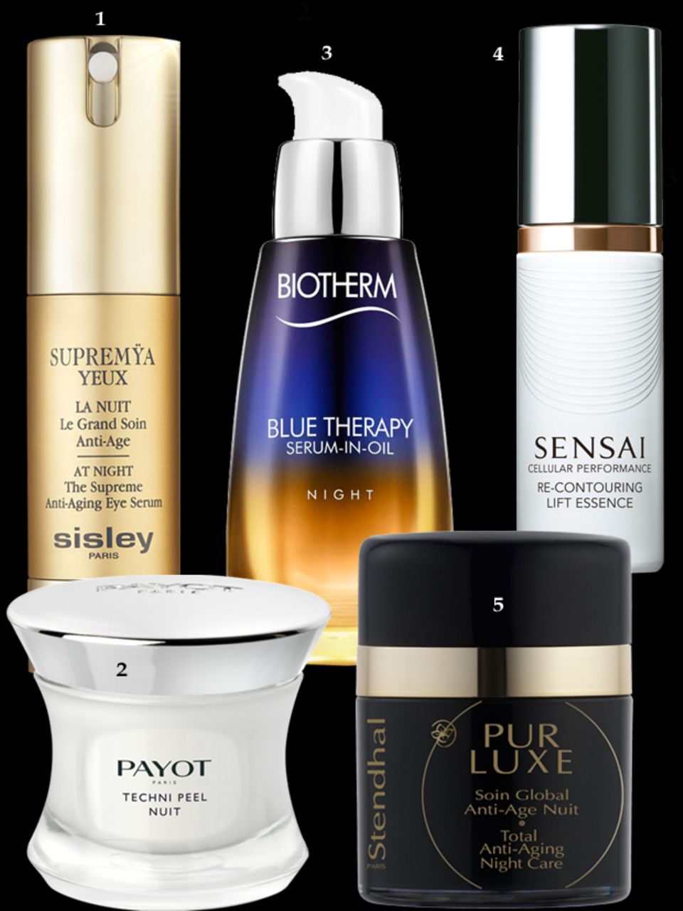 Beauty: 1. Gegen Augenschatten und Schwellungen: "Supremÿa Yeux La Nuit" von Sisley, 15 ml, ca. 208 Euro; 2. Peeling-Pflege: "Techni Peel Nuit" von Payot, 50 ml, ca. 62 Euro; 3. Glättendes Gesichtsöl-Serum: "Blue Therapy – Serum-In-Oil" von Biotherm, 30 ml, ca. 59 Euro; 4. Beugt Schwellungen vor: "Cellular Performance – Re-Contouring Lift Essence" von Kanebo Sensai, 40 ml, ca. 168 Euro; 5. Fördert die Hydration der Haut: "Pur Lux Soin Global Anti-Age Nuit" von Stendhal, 50 ml, ca. 198 Euro 1. Gegen Augenschatten und Schwellungen: "Supremÿa Yeux La Nuit" von Sisley, 15 ml, ca. 208 Euro; 2. Peeling-Pflege: "Techni Peel Nuit" von Payot, 50 ml, ca. 62 Euro; 3. Glättendes Gesichtsöl-Serum: "Blue Therapy – Serum-In-Oil" von Biotherm, 30 ml, ca. 59 Euro; 4. Beugt Schwellungen vor: "Cellular Performance – Re-Contouring Lift Essence" von Kanebo Sensai, 40 ml, ca. 168 Euro; 5. Fördert die Hydration der Haut: "Pur Lux Soin Global Anti-Age Nuit" von Stendhal, 50 ml, ca. 198 Euro